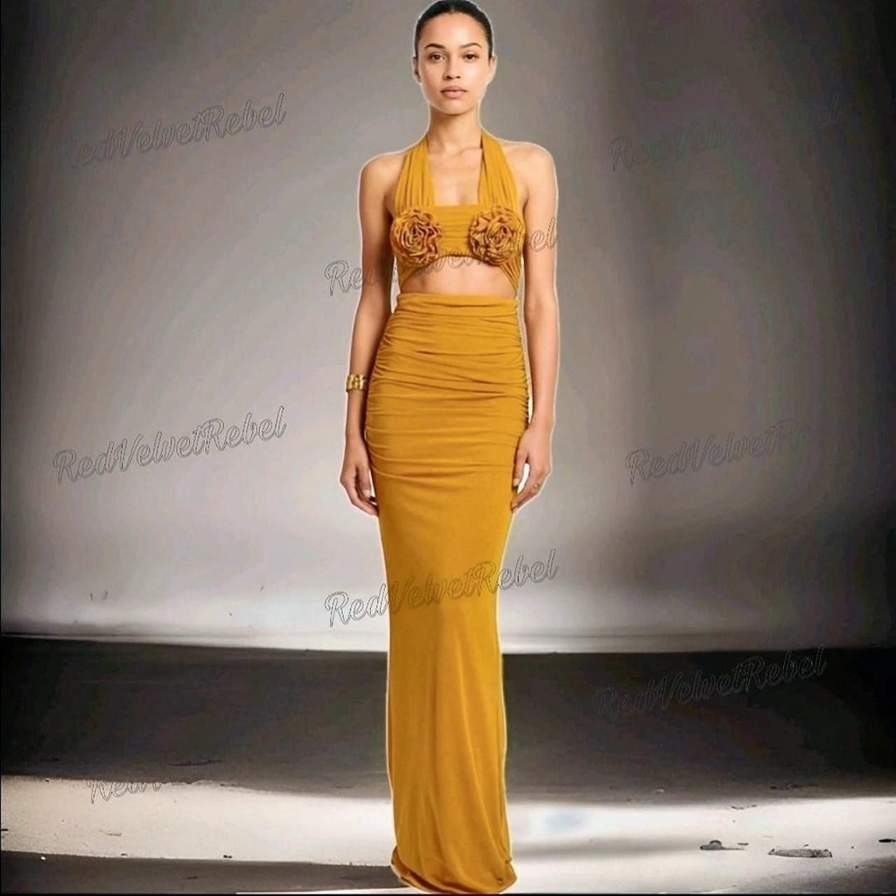 NWT Elegant Rosette Halter Neck Mesh Ibiza Festival Resort Bodycon Maxi Dress - Picture 2 of 16